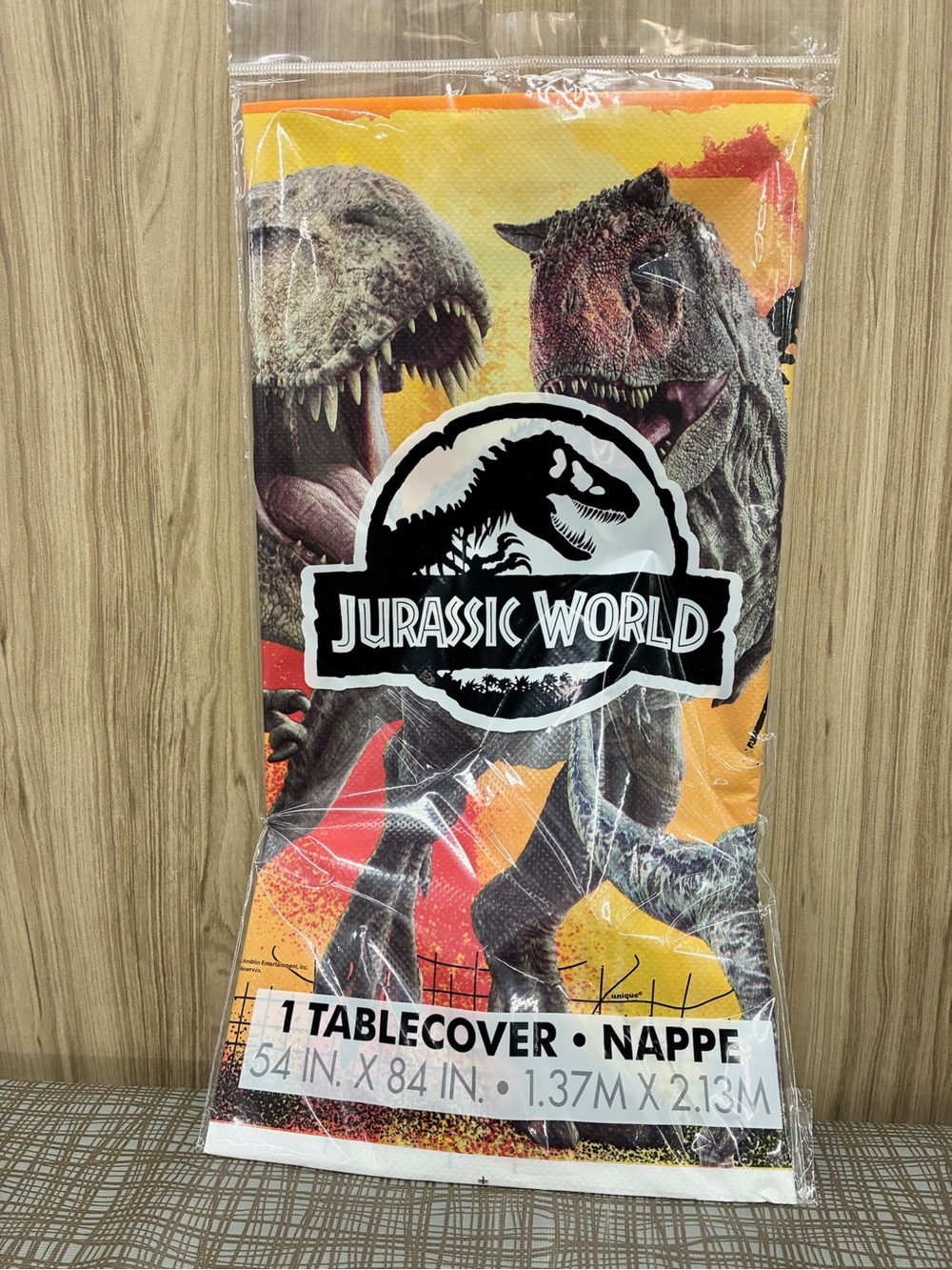 🍭$5🍭 NEW JURASSIC WORLD Table Cover Plastic 54” x 84” Orange Gray